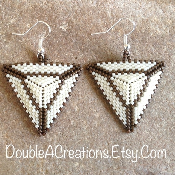 Chocolate and Cream Triangle Beaded Earrings, New, Handmade By Me - Picture 1 of 5